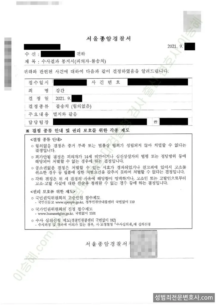 무혐의(불송치) 처분문서