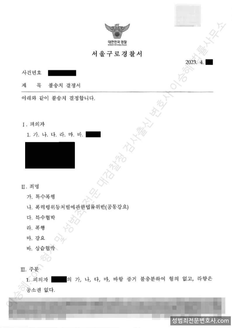 무혐의(불송치) 처분문서