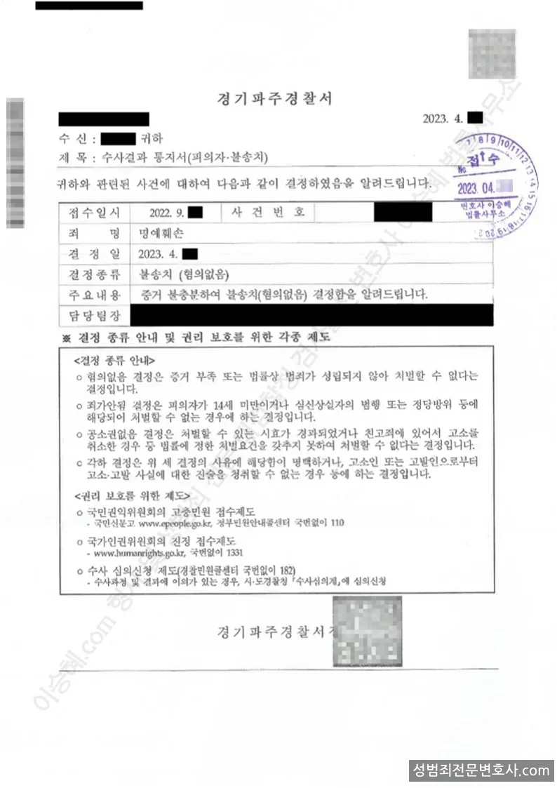 무혐의(불송치) 처분문서