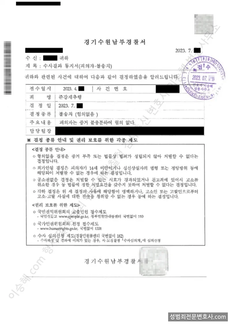 무혐의(불송치) 처분문서