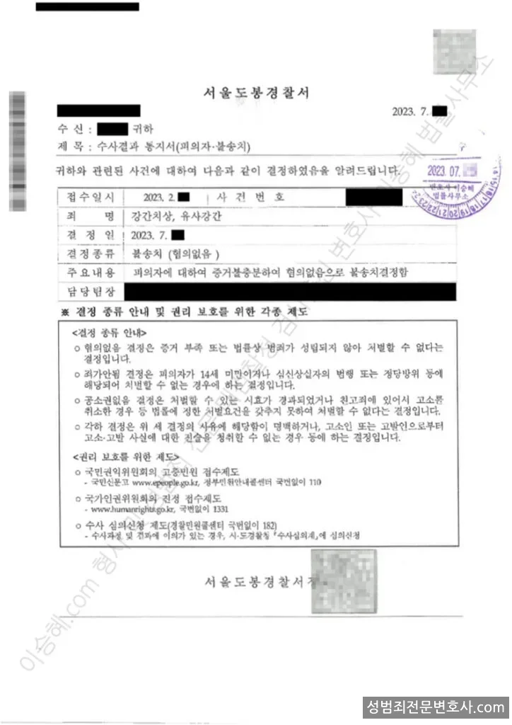 무혐의(불송치) 처분문서