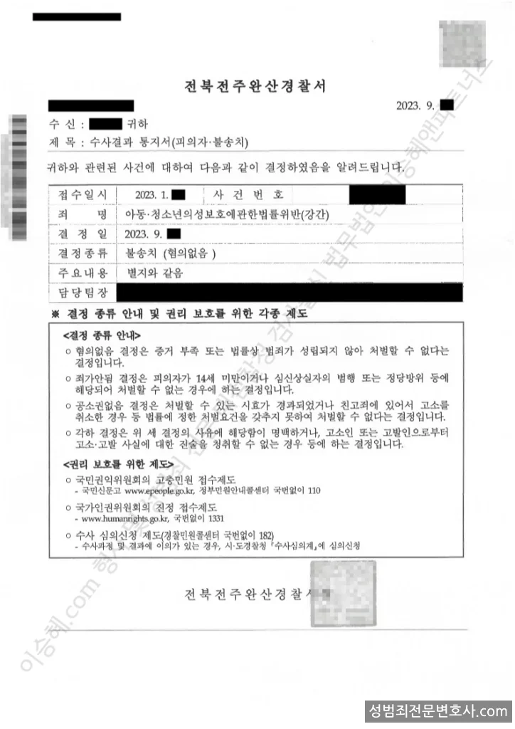 무혐의(불송치) 처분문서