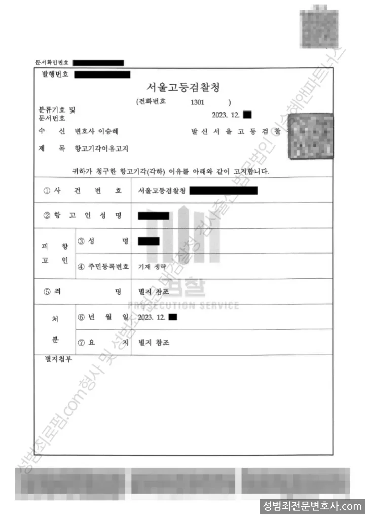무혐의(항고기각) 처분문서