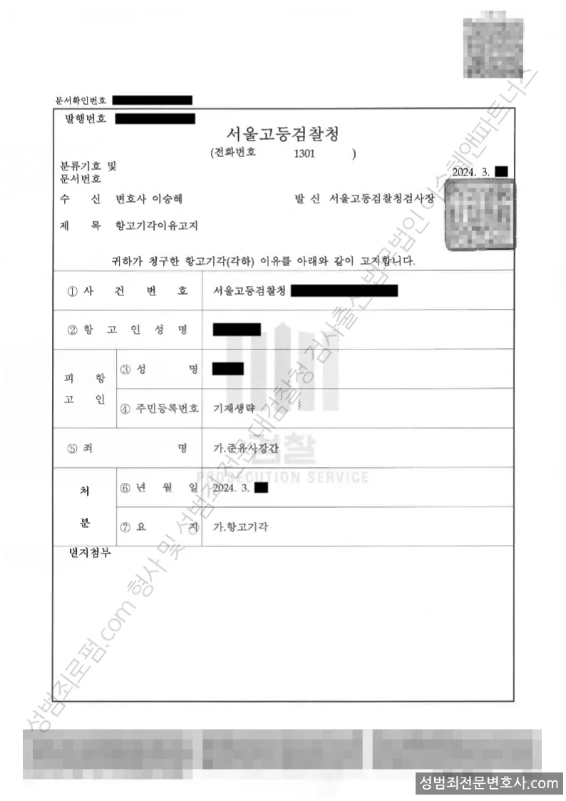 무혐의(항고기각) 처분문서
