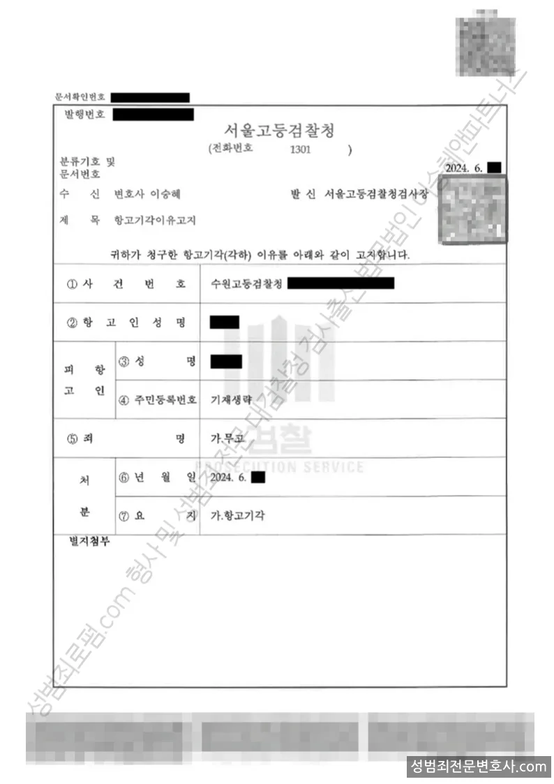 무혐의(항고기각) 처분문서