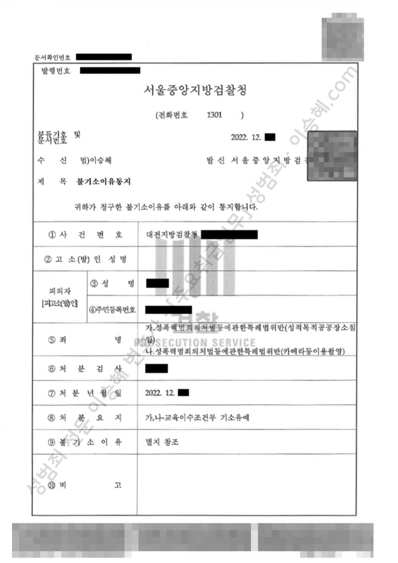 성폭법위반(성적목적공공장소침입) 성폭법위반(카메라등이용촬영) 종결사례 이미지