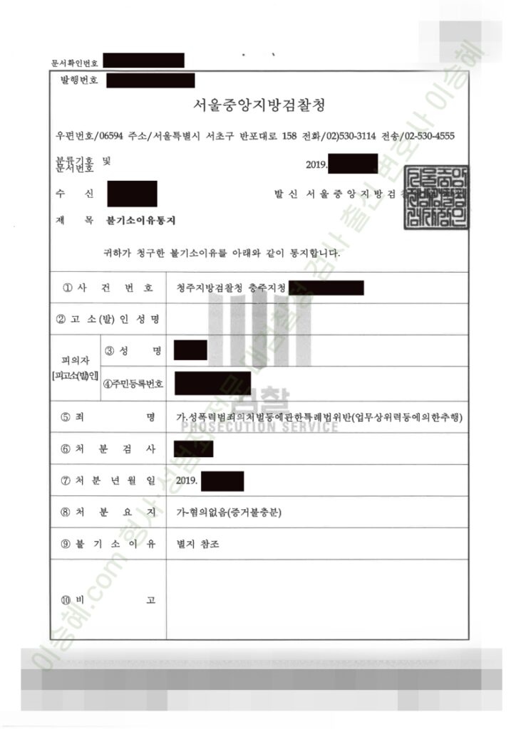 업무상위력추행 혐의없음 불기소 종결사례