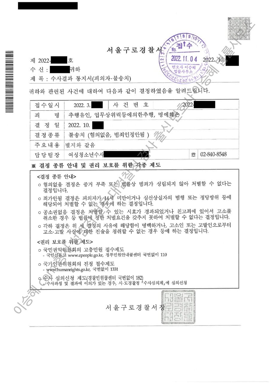 추행목적유인 업무상위력추행 명예훼손 무혐의 경찰 불송치