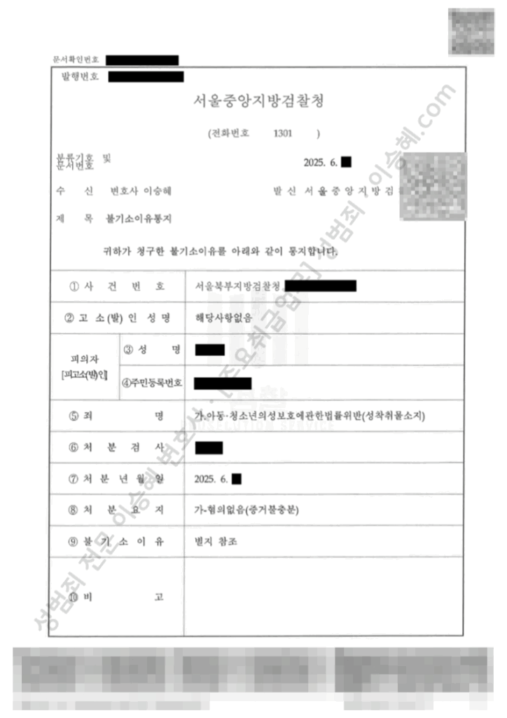 아동·청소년성착취물소지 혐의없음 불기소 결정문