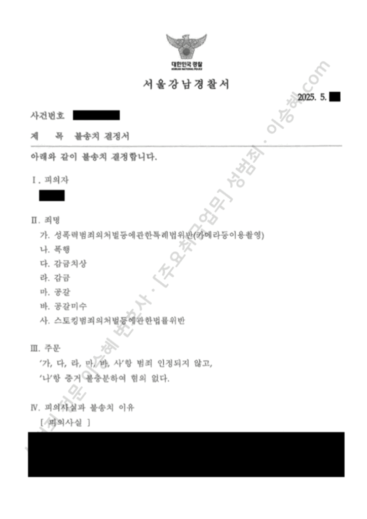 카메라등이용촬영 스토킹 무혐의 불송치 종결사례