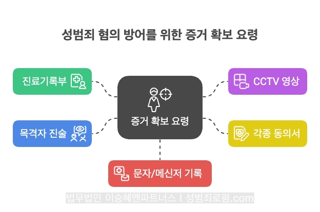 의사 성범죄 혐의를 방어하기 위해 증거 확보는 매우 중요합니다. ①진료기록부, ② 목격자 진술, ③ CCTV 영상, ④ 각종 동의서, ⑤ 문자, 메신저 기록 등의 증거를 미리 확보하는 것이 좋습니다.