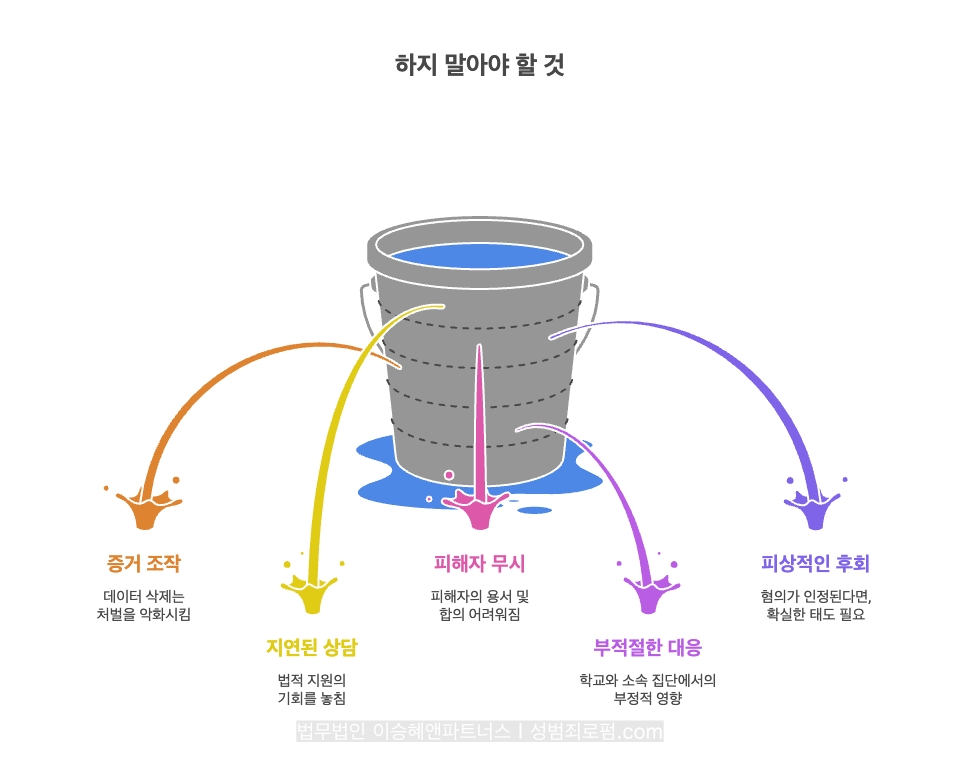 성관계 불법촬영 사건 발생 시 하지 말아야 할 것으로는, 증거조작, 지연된 상담, 피해자 무시, 부적절한 대응, 피상적인 후회 등이 있습니다.