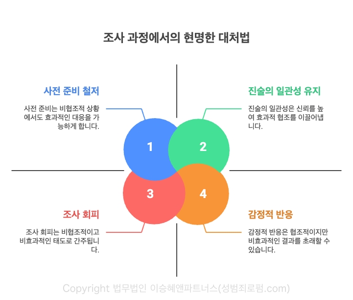 직장내 성추행 조사 과정에서는 1 사전 준비 철저, 2 진술의 일관성 유지, 3 조사 협조, 4 감정적 반응 자제가 중요합니다.