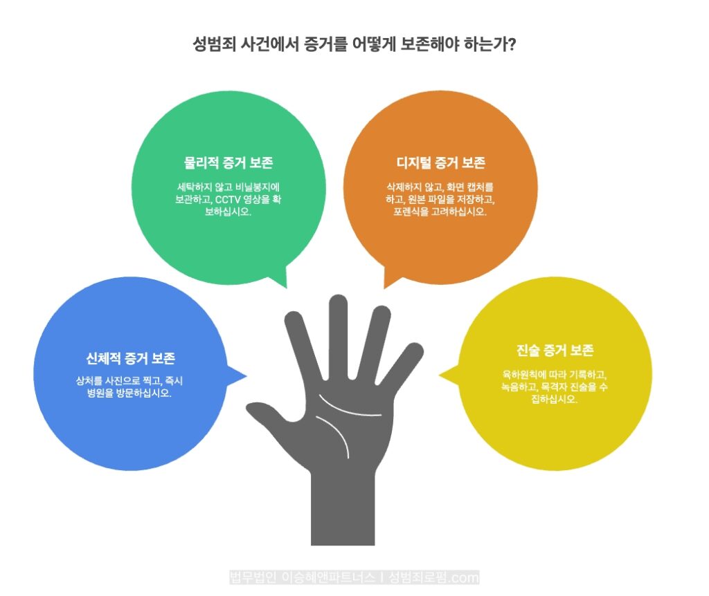 청소년 성범죄 피해자가 증거를 보관하는 방법은, 신체적 증거 보존, 물리적 증거 보존, 디지털 증거 보존, 진술 증거 보존입니다.