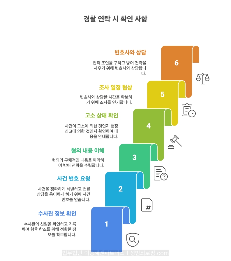 지하철 성추행 혐의로, 경찰에서 연락오면, 확인해야 할 사항들은 다음과 같습니다. ①수사관 정보, ②사건 번호, ③혐의 내용, ④고소 상태, ⑤ 조사 일정, ⑥변호사 상담 후로 조사 연기 등입니다.