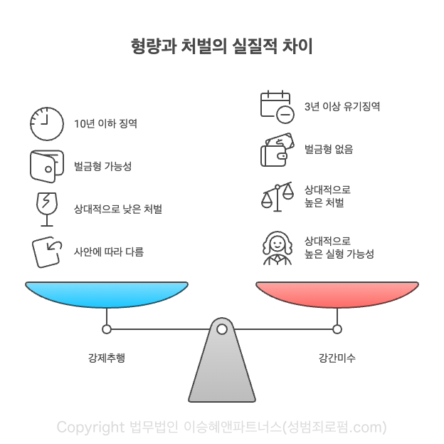 강제추행과 강간미수는 형량과 처벌에서 큰 차이가 납니다. 강제추행은 10년 이하의 징역으로 벌금형도 가능합니다. 강간미수는 3년 이상 징역으로 벌금형이 아예 없습니다.