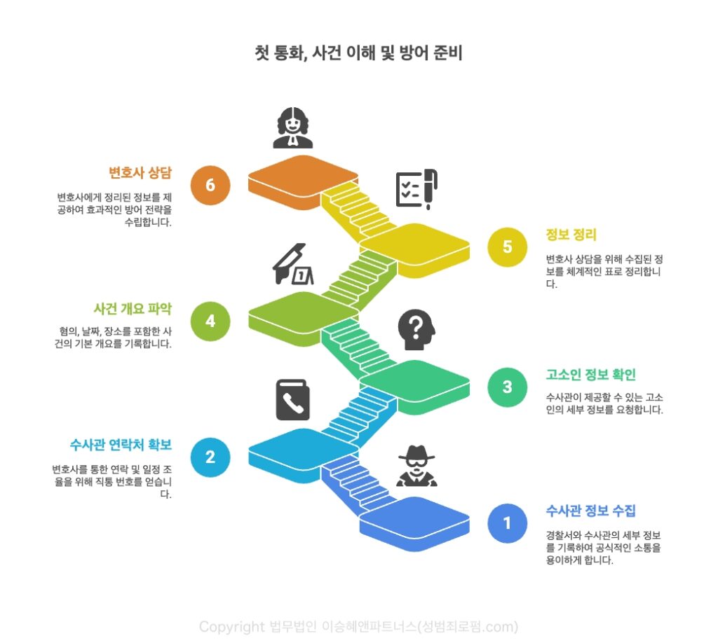강제추행으로 경찰에게서 전화를 받으면, 수사관 정보 수집, 수사관 연락처 확보, 고소인 정보 확인, 사건 개요 파악, 정보정리, 변호사 상담 등이 필요합니다.