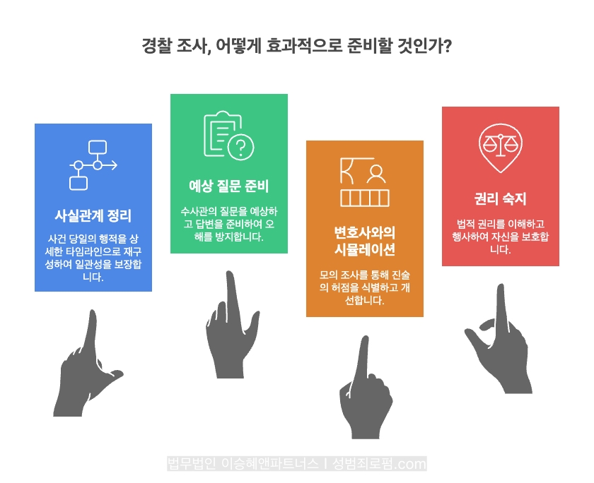 지하철 성추행 혐의 관련 경찰 조사는 효과적으로 준비하려면, ① 사실관계 정리, ② 예상 질문 준비, ③ 변호사와의 시뮬레이션, ④ 권리 숙지가 필요합니다.