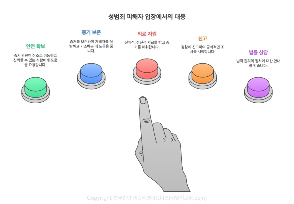 강간미수 또는 강제추행 피해자는 ① 안전확보, ② 증거보존, ③ 의료지원, ④ 신고, ⑤ 법률 상담 등으로 대응하여야 합니다.