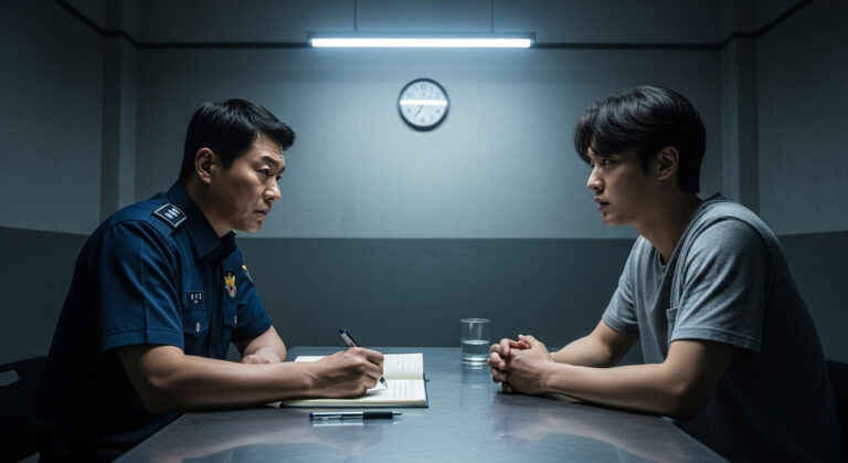 자백보강법칙, 경찰 앞에서 자백하는 피의자 사진