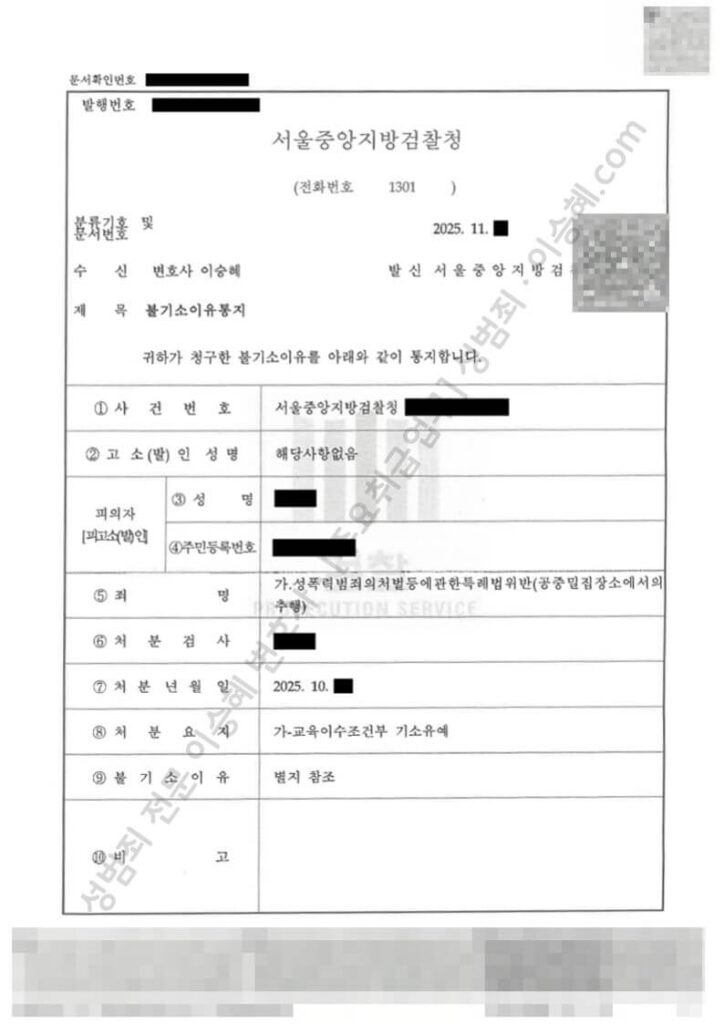 지하철 공중밀집장소추행 기소유예 불기소이유서