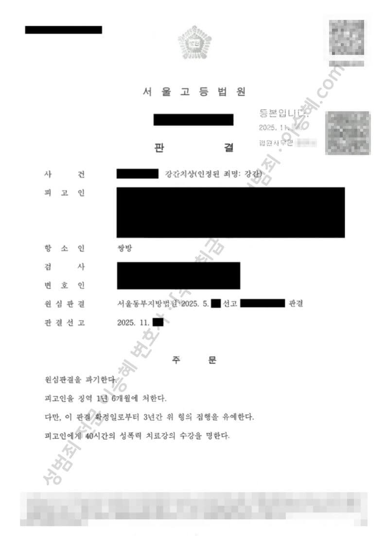 강간치상(인정된 죄명 강간) 종결사례 이미지