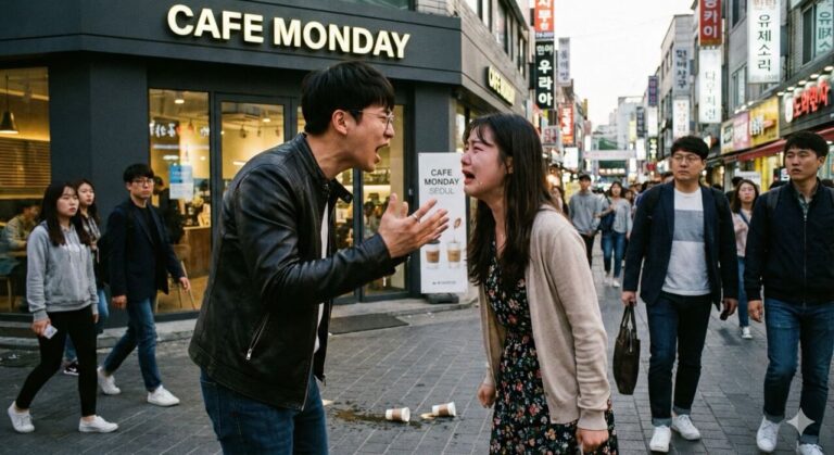 데이트폭력, 카페 앞에서 데이트를 마치고 나오면서, 서로 언성을 높이며 크게 다투고 있는 한국인 연인