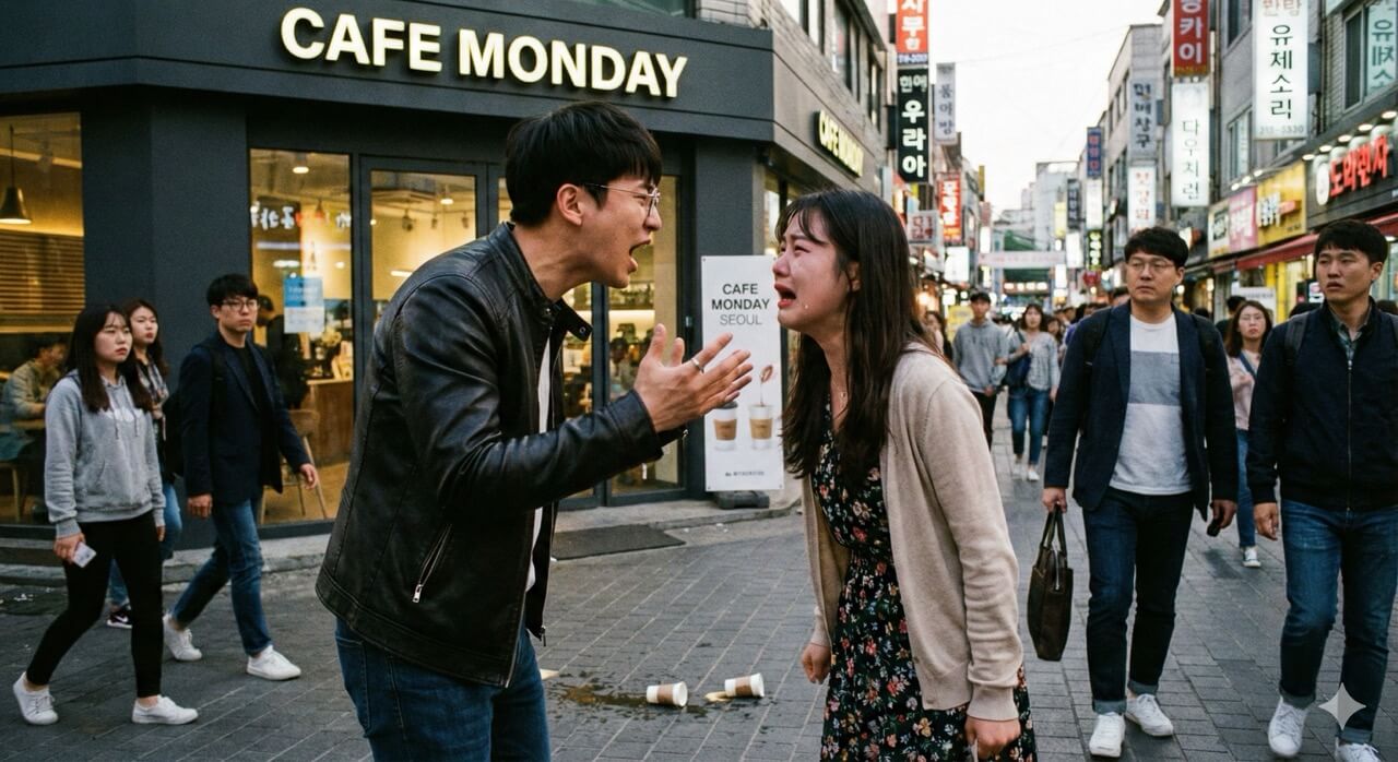데이트폭력, 카페 앞에서 데이트를 마치고 나오면서, 서로 언성을 높이며 크게 다투고 있는 한국인 연인