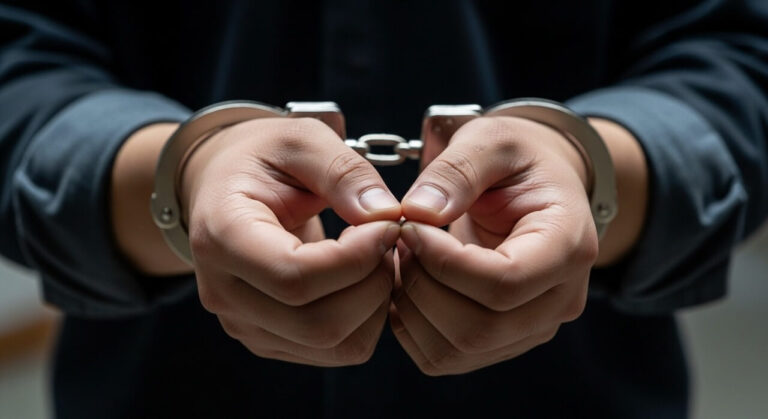 구속영장 발부되어 손에 수갑을 찬 모습