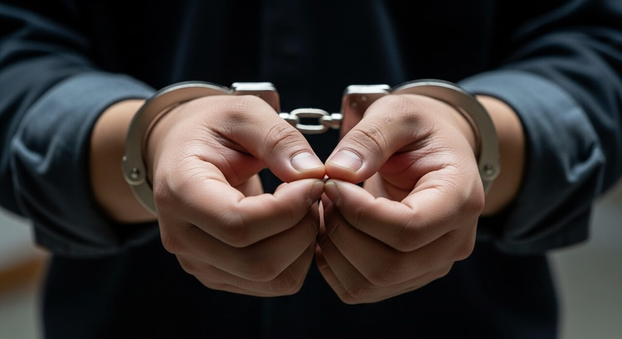 구속영장 발부되어 손에 수갑을 찬 모습