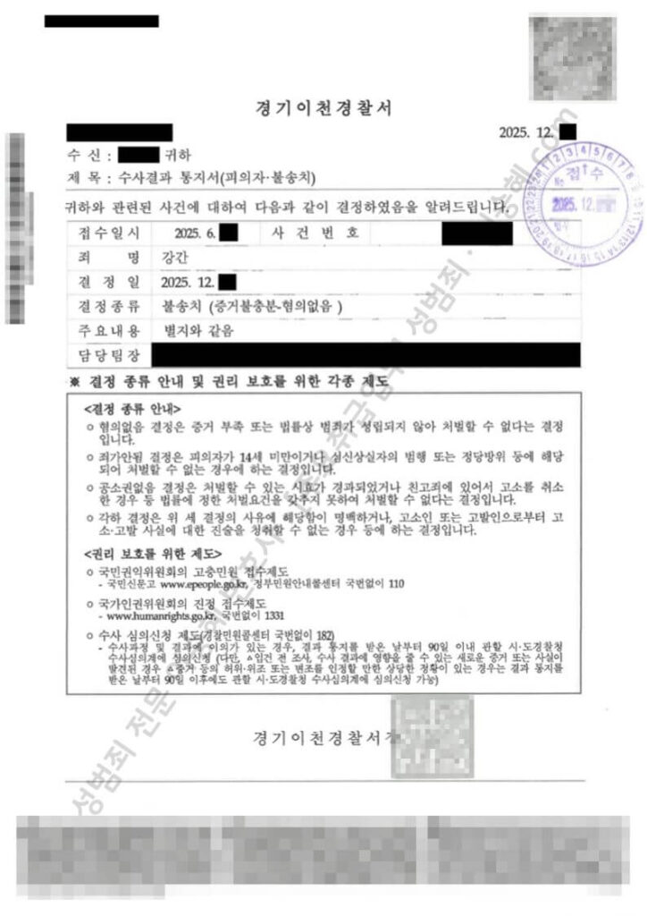 연인관계 강간 무혐의 성공사례