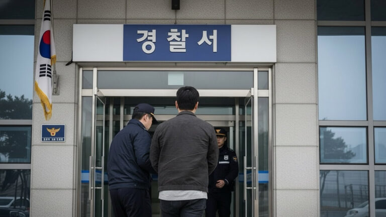 강간죄 경찰조사 피의자신문조서 작성을 위해 경찰서로 들어가고 있는 피의자