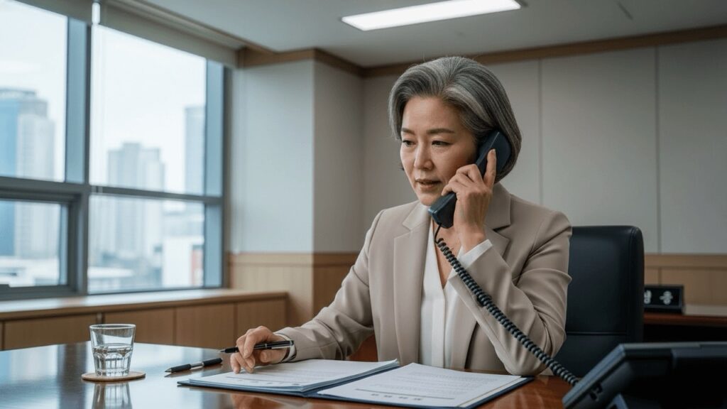 형사조정 장면. 성범죄 사건에서 형사조정위원이 피해자, 가해자 양 측과 전화로 합의를 조율하고 있다.