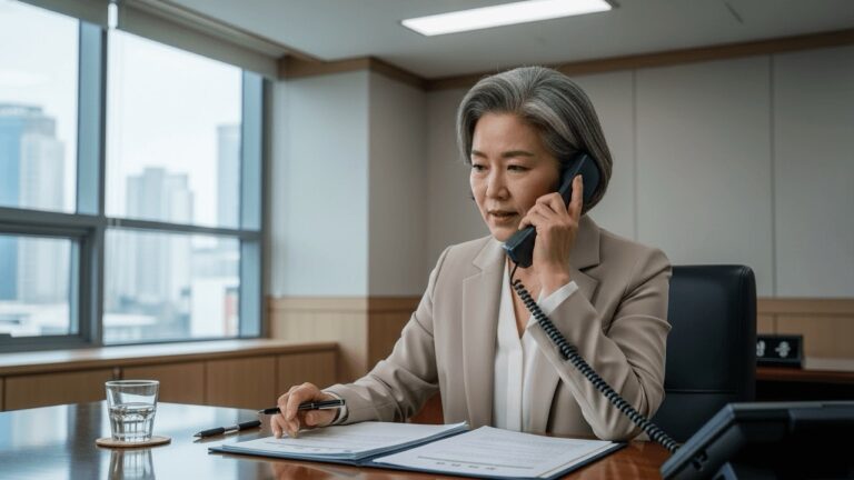 형사조정 장면. 성범죄 사건에서 형사조정위원이 피해자, 가해자 양 측과 전화로 합의를 조율하고 있다.