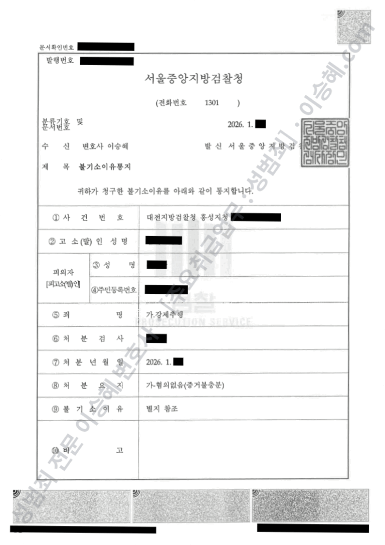 직장동료 강제추행 혐의없음 불기소처분