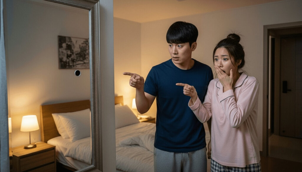 모텔 몰카를 발견하고 놀라는 연인