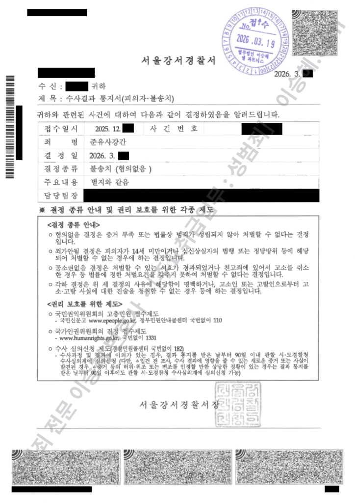 준유사강간 무혐의 불송처 결정서