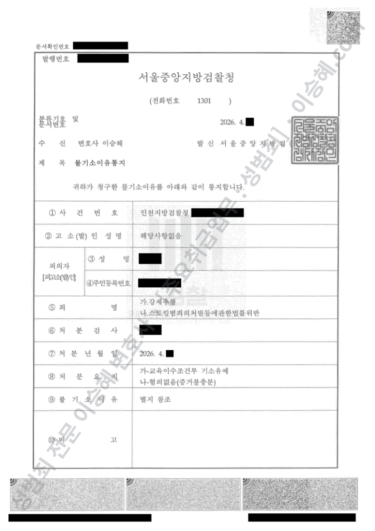 아청법 강간미수 죄명변경 강제추행 기소유예, 스토킹 무혐의, 검찰 불기소처분