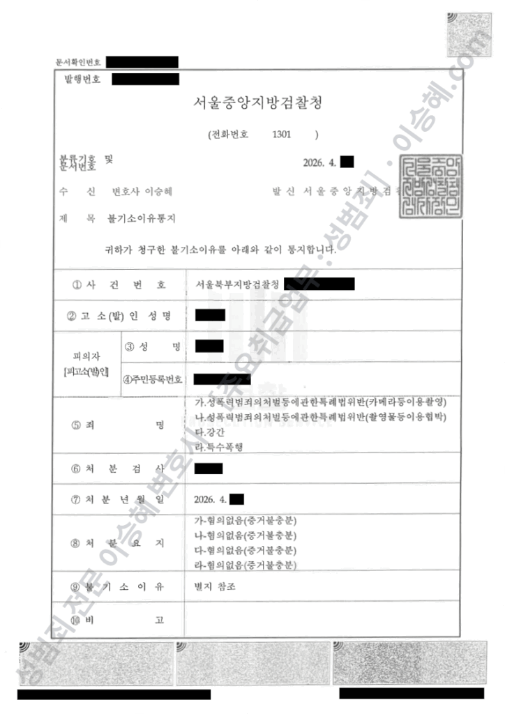 강간 카메라등이용촬영 촬영물등이용협박 특수폭행 무혐의 불기소 종결