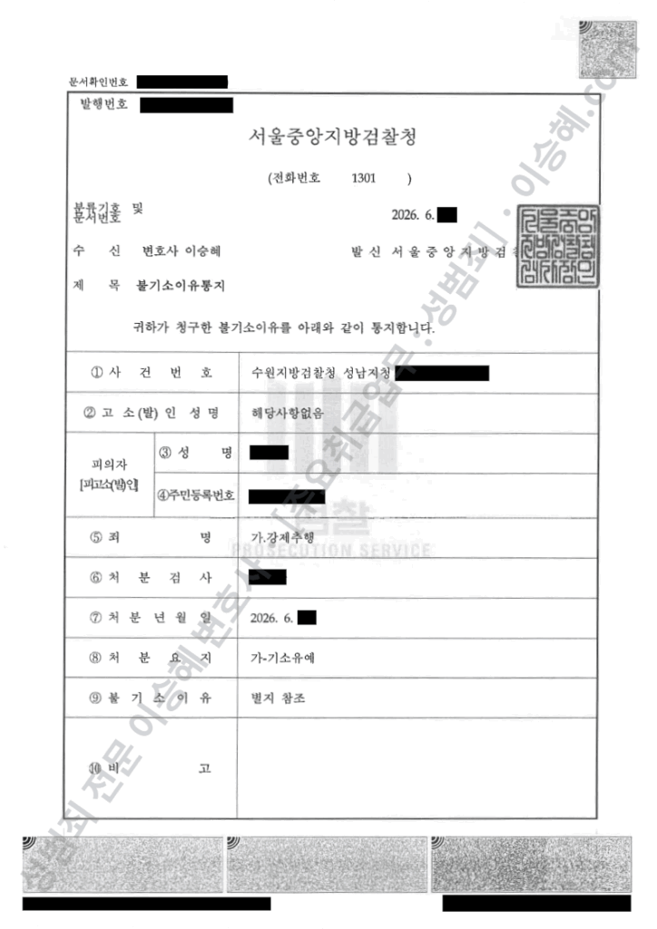 엘리베이터 강제추행 기소유예 불기소이유통지